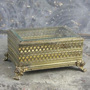 MCM Lidded Ormolu Gold Metal and Glass Dresser Footed Box and Rose Feet